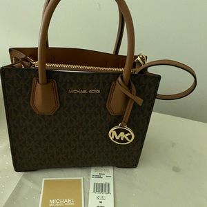 Michael Kors Mercer Medium Brown Logo Leather Accordion Crossbody Messenger Bag